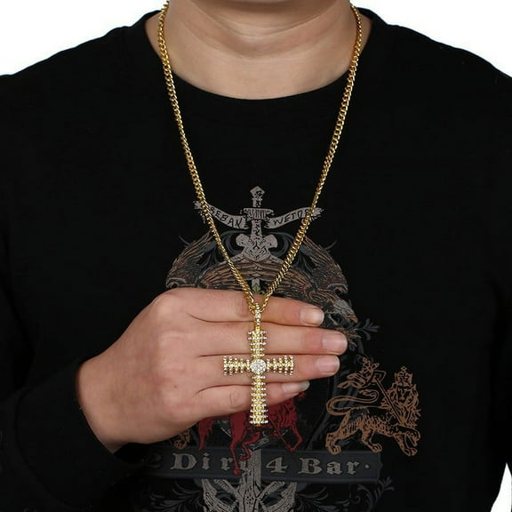 Vintage Christian Jesus Cross Pendant Necklace For Men 14K Yellow Gold Iced Out Full Rhinestones Bling Jewelry