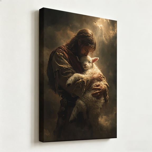 Vintage Christian Jesus Holding Lamb Canvas Wall Art - The Good Shepherd Divine Light Oil Painting Print - Matte Finish Gallery Wrapped Religious Decor Ready to Hang 8*12