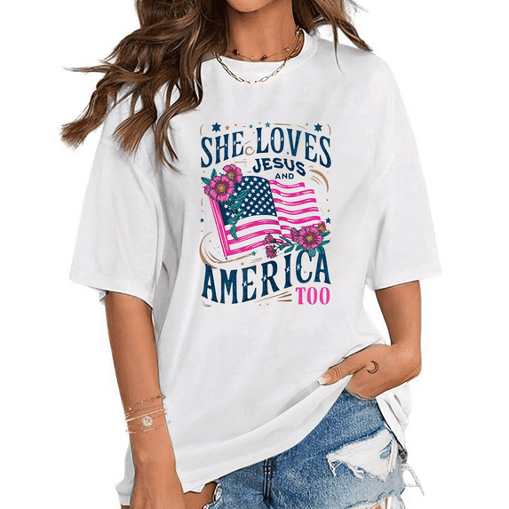 Vintage Christian Patriotic Graphic Tees women "SHELOVES JESUS & USA" with TOO Print T-shirts Short Sleeve Casual Tops White,XL