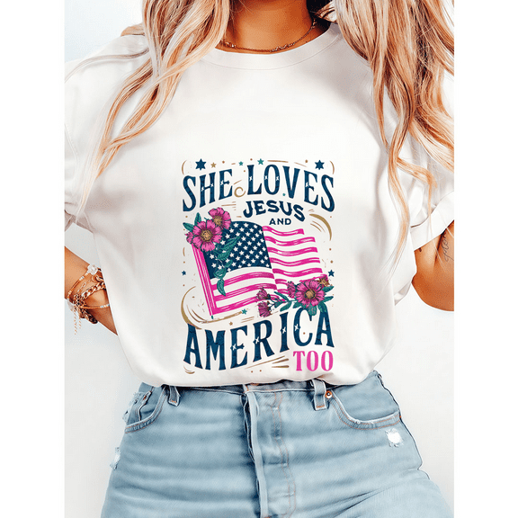 Vintage Christian Patriotic Print Tshirts Women "SHELOVES JESUS & USA" with TOO Graphic Tees Short Sleeve Shirts Casual Tops White,4XL