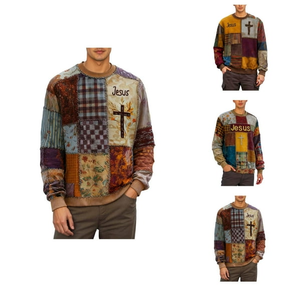 Vintage Christian Sweatshirts for Men 2025 Long Sleeve Crewneck Block Patchwork Jesus Sweatshirt Pullover Tops