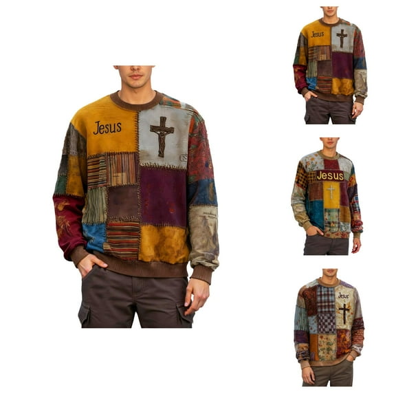 Vintage Christian Sweatshirts for Men 2025 Long Sleeve Crewneck Block Patchwork Jesus Sweatshirt Pullover Tops
