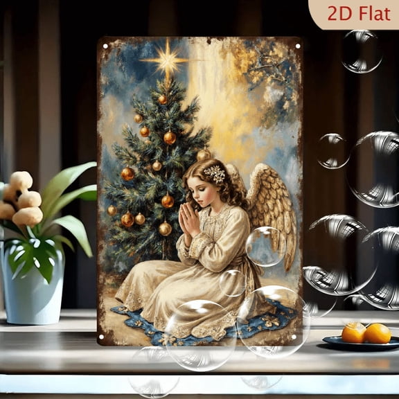 Vintage Christmas Angel Kneeling in Prayer with Gold Wings, Blue Floral Rug & Starry Sky, 8x12 Inches Rustic Metal Wall Art Poster for Holiday Home Decor