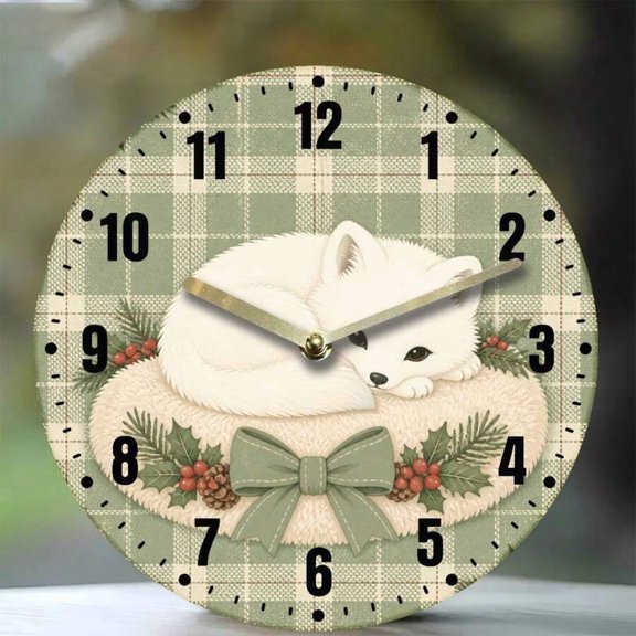 Vintage Christmas Arctic Fox Round Wall Clock, Silent Non‑Ticking Plaid Farmhouse Decor Wall Clock, Winter Holly Bow Pinecone Art Clock for Living Room Holiday Home