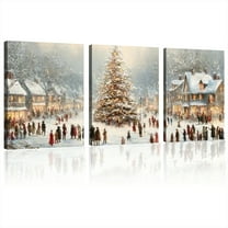 [Vintage Christmas Art] Rustic Country Christmas Vintage Winter Village Canvas Wall Art | Farmhouse Decor With Aesthetic Botanical Prints For Living Room And Holiday Home Framed 12*16inch*3pcs