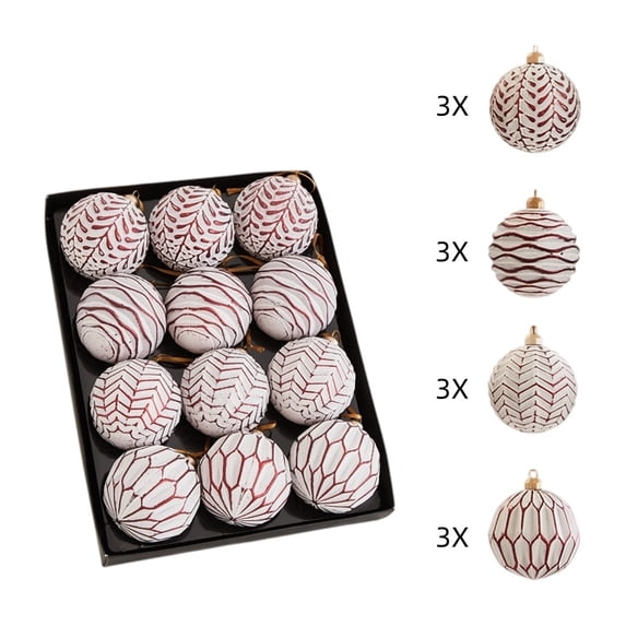 Vintage Christmas Ball Ornaments Set of 12, 8 cm Painted Embossed Baubles, Shaped Xmas Hanging Decorations for Tree and Wreath - Pink and White