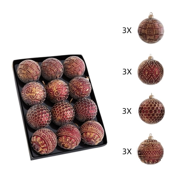 Vintage Christmas Ball Ornaments Set of 12, 8 cm Painted Embossed Baubles, Shaped Xmas Hanging Decorations for Tree and Wreath - Red Painted
