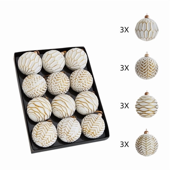 Vintage Christmas Ball Ornaments Set of 12, 8 cm Painted Embossed Baubles, Shaped Xmas Hanging Decorations for Tree and Wreath - White and Sage