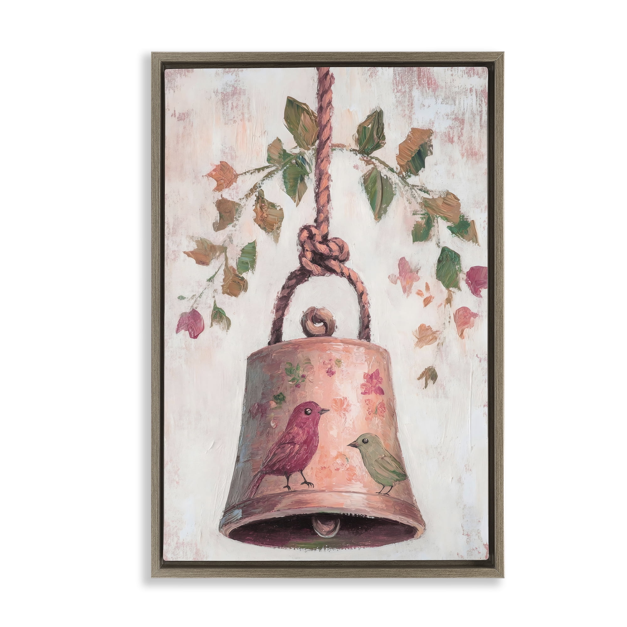 Vintage Christmas Bell Brown Framed Floater Canvas Wall Art, design by Petal Prints Design