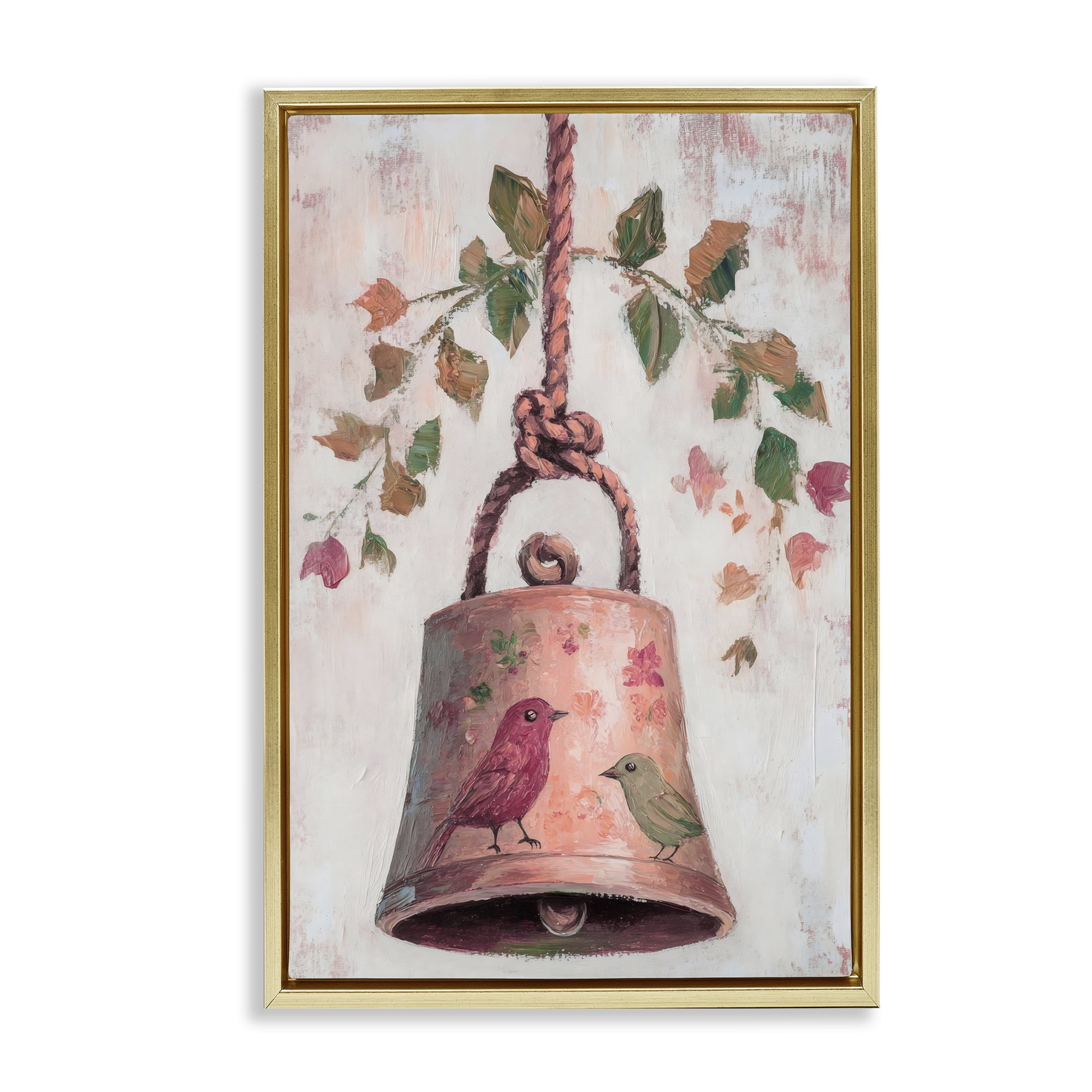 Vintage Christmas Bell Gold Framed Floater Canvas Wall Art, design by Petal Prints Design