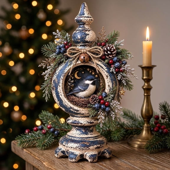 Vintage Christmas Bird Ornament Resin Figurine 9.8 Inch Nostalgic Holiday Decor for Mantel Tree Table Gift for Bird Lovers