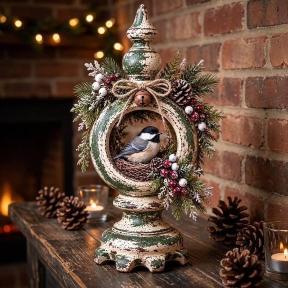 Vintage Christmas Bird Ornament Resin Figurine 9.8 Inch Nostalgic Holiday Decor for Mantel Tree Table Gift for Bird Lovers