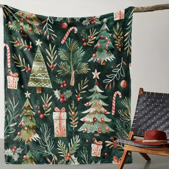 Vintage Christmas Blanket - Cozy Flannel Throw with Star, Tree & Candy Cane Design | Perfect for Sofa, Bed, Car, Office, Camping & Travel | All-Season Gift Idea