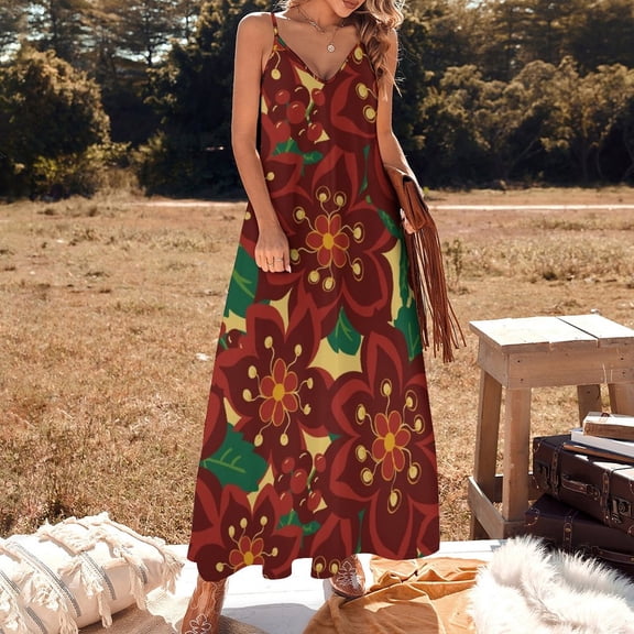 Vintage Christmas Boho Poinsettia. Sleeveless Dress dresses for women Long dress woman