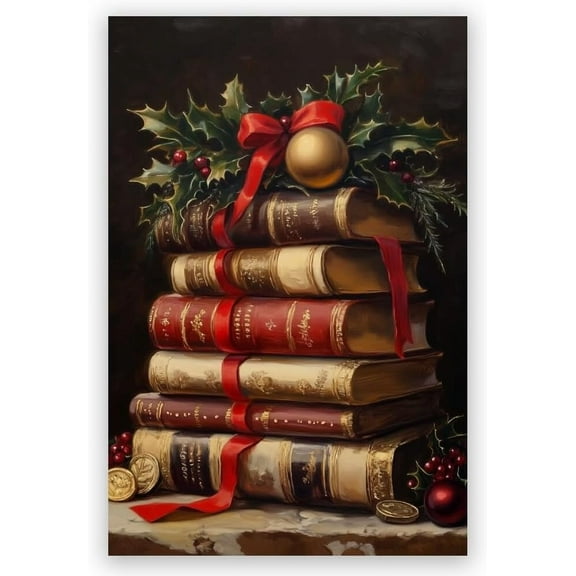 Vintage Christmas Books Wall Art,Rustic Book Picture Prints,Merry Christmas Poster, Xmas Winter Dark Academia Wall Decor Aesthetic for Dorm Gallery Bedroom 16x24inch Unframed