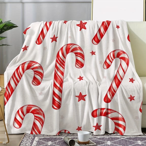 Vintage Christmas Candy Cane & Stars Print Flannel Throw Blanket - Soft Cozy Multipurpose Polyester Throw for Sofa, Bed, Office, Travel