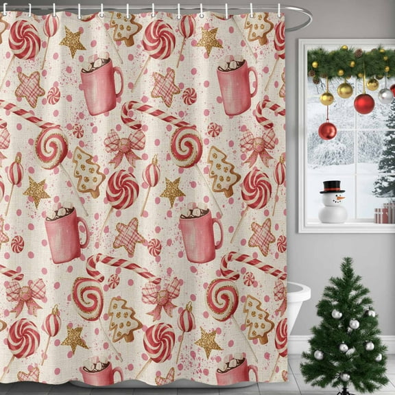 Shower Curtains Sets for Bathroom Decor Vintage Christmas Candy Cane Waterproof Bathroom Curtain with Hooks, Cup on Linen for Bathroom Decor,72x72IN