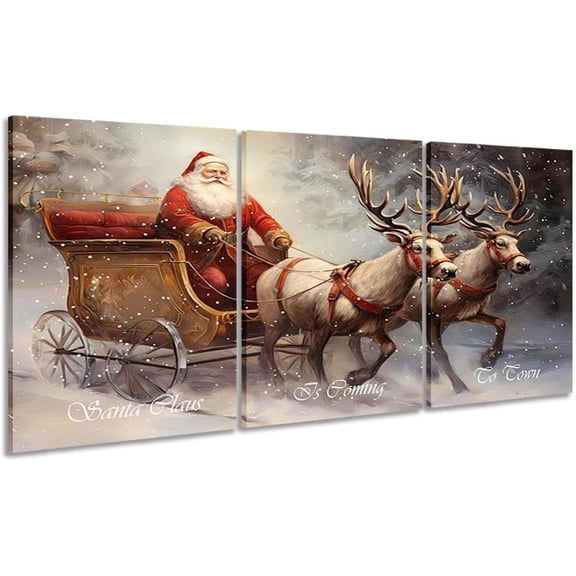 Vintage Christmas Canvas Wall Art Christmas Posters Santa Sleigh Reindeer Christmas Pictures Set of 3 Prints for Living Room Bedroom Home Office 12x18 Inch Unframed