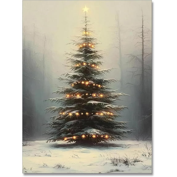 Vintage Christmas Canvas Wall Art Pine Tree Prints Botanical Poster Winter Scene Forest Landscape Snow Painting Xmas Rustic Pictures Farmhouse Decor for Dorm Living Room 12x16in Unframed