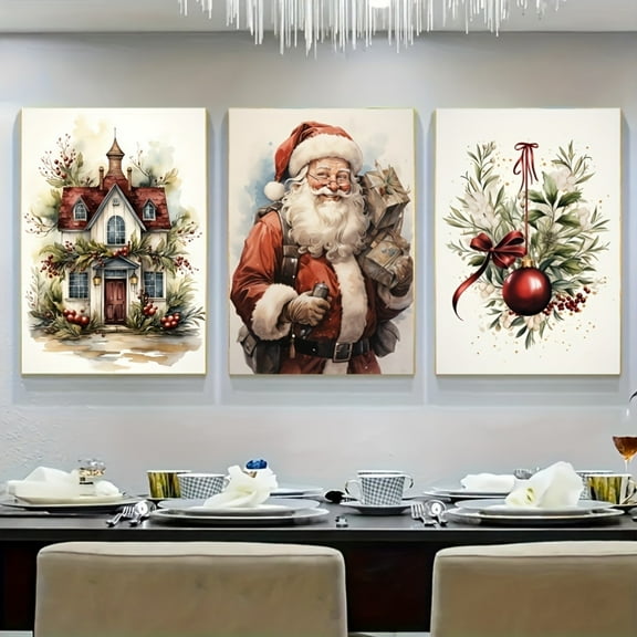 Vintage Christmas Canvas Wall Art Set of 3, Traditional Santa & Holiday Decorations Theme, Reusable Rectangular Wall Decor for Festive Home & Room Decoration - Unframed Canvas Posters