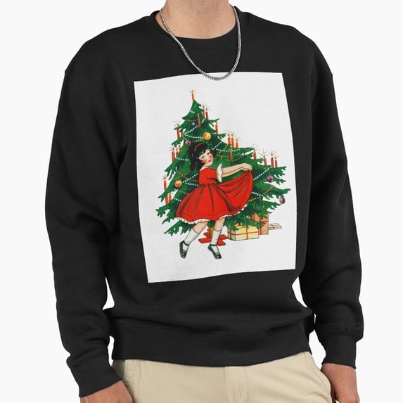 Vintage Christmas Card Girl Unisex Sweatshirt Retro Tree Holiday Graphic Aesthetic Look G6197, Up to Size 5XL