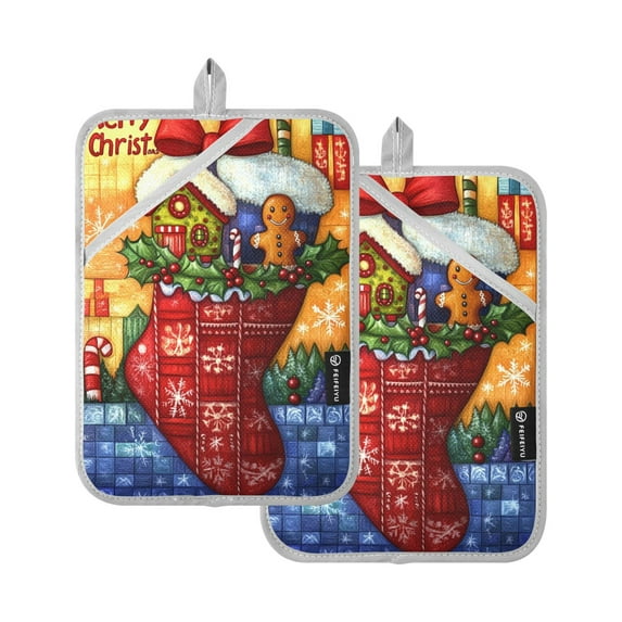 Vintage Christmas Card Oven Mitts Pot Holders 2 pcs Heat Resistant for Kitchen Baking Grilling