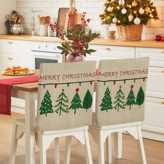 Vintage Christmas Chair Covers Set of 1 Green Cartoon Pine Leaf Merry Christmas Linen Chair Back Covers Stretch Removable Washable Slipcovers Protector for Dining Room Kitchen Party Decor