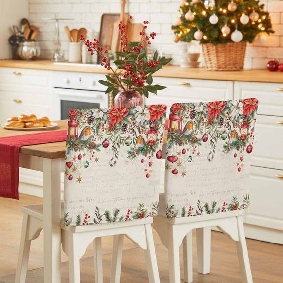 Vintage Christmas Chair Covers Set of 8 Xmas Poinsettia Balls Botanical Birds Chair Back Covers Stretch Removable Washable Slipcovers Protector for Dining Room Kitchen Party Decor