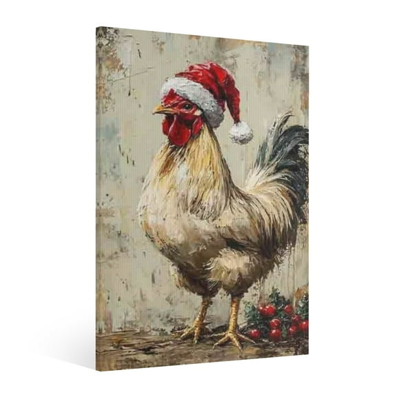 Vintage Christmas Chicken Wall Art Paint Framed - Retro Xmas Festive Winter Holiday Christmas Wall Decor Canvas Print for Living Room Kitchen Bathroom Home Bedroom Decor