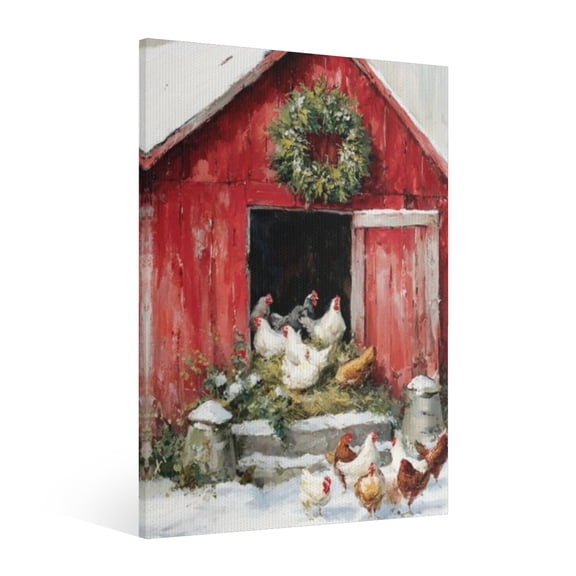 Vintage Christmas Chicken Wall Art Paint - Retro Xmas Festive Winter Holiday Christmas Wall Decor Canvas for Living Room Kitchen Bathroom Home Bedroom Decor Framed