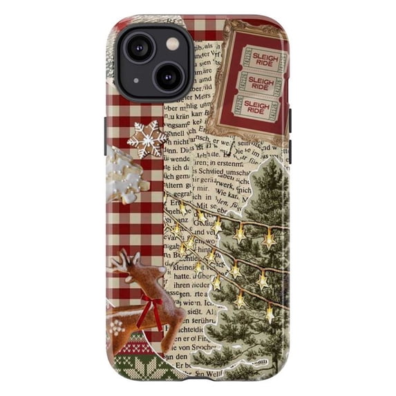 Vintage Christmas Collage Phone Case, Reindeer & Tree Gingham Aesthetic Holiday Protective Cover for iPhone 17 16 15 14 13 12 11 Pro Plus Mini
