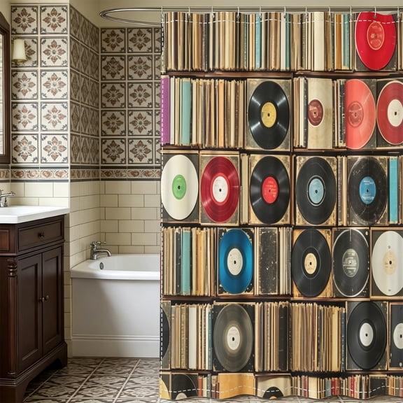 Vintage Christmas Colored Vinyl Record Shower Curtain, Holiday Bathroom Accent Decor for Music Lovers