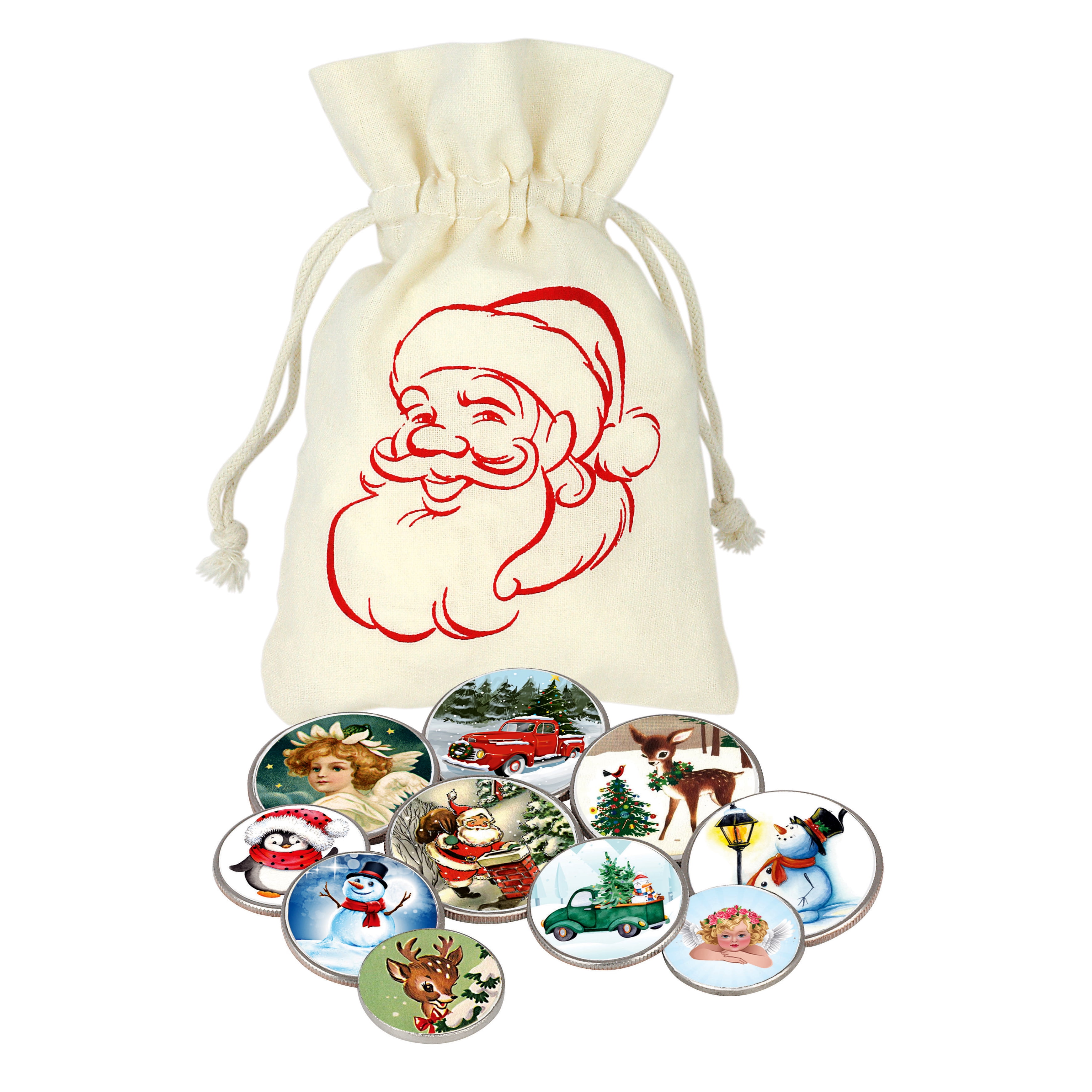 Vintage Christmas Colorized Coin Collection in Santa Canvas Bag