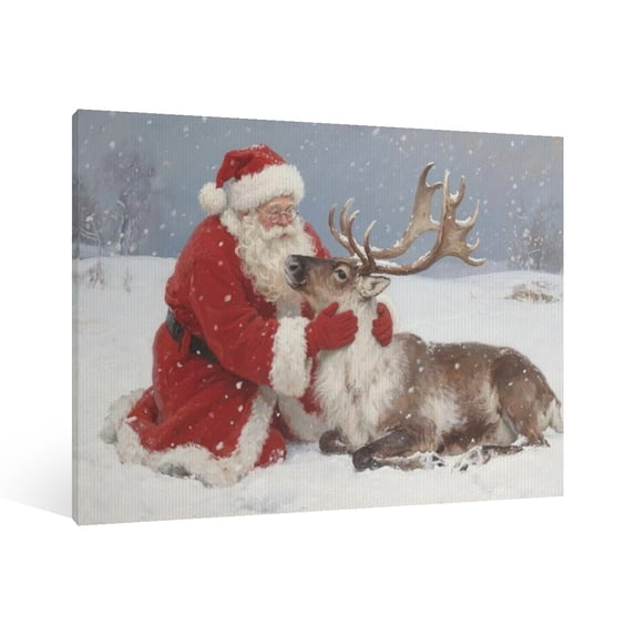 Vintage Christmas Cute Elk and His Santa Claus Wall Art Paint Framed - Retro Xmas Festive Winter Holiday Christmas Wall Decor Canvas Print for Living Room Kitchen Bathroom Home Bedroom Decor