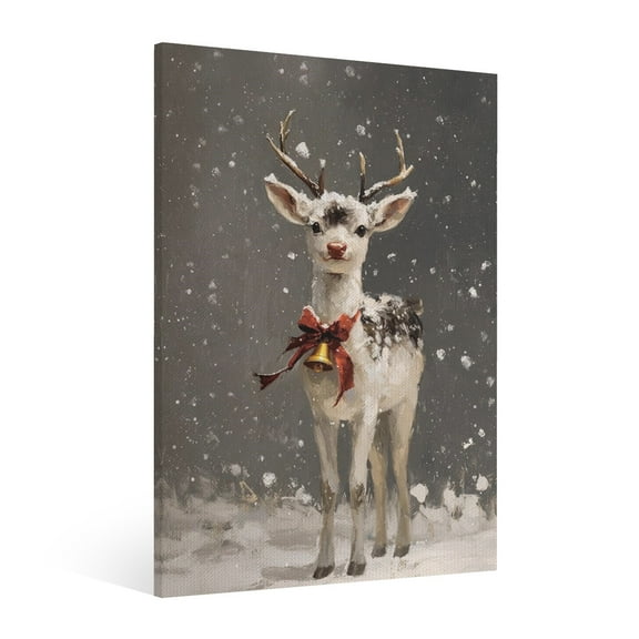 Vintage Christmas Cute elk in snowy scenery Wall Art Paint Framed - Retro Xmas Festive Winter Holiday Christmas Wall Decor Canvas Print for Living Room Kitchen Bathroom Home Bedroom Decor