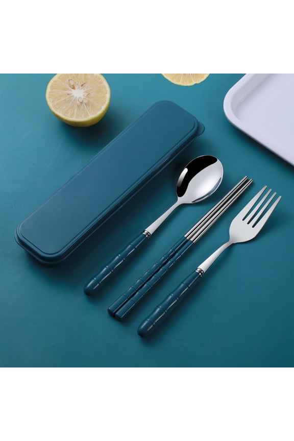 Vintage Christmas Decor New Stainless Steel Portable Cutlery Set Student Office Worker Chopsticks Spoon fork Cutlery Three-piece Gift School Season, Blue