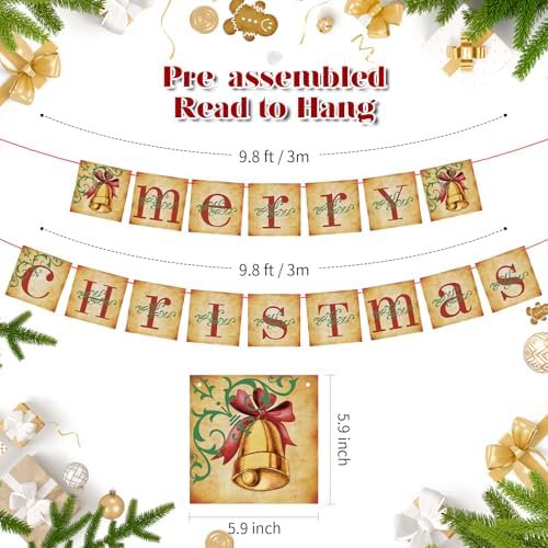Vintage Christmas Decor, Pre-Strung Retro Merry Christmas Banner - Traditional Old Fashioned Victorian Christmas Decorations for Home Indoor Office Fireplace Mantle Wall Farmhouse