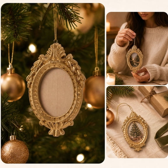 Vintage Christmas Decor,Vintage Gold Mini Resin Picture Frames,Hanging Small Picture Frames with Rope for Christmas Tree,Door Handle,Wall,Window
