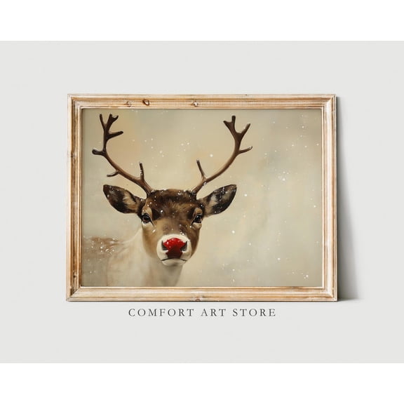 Vintage Christmas Deer Wall Art Print, Neutral Reindeer Scene And Holiday Decor