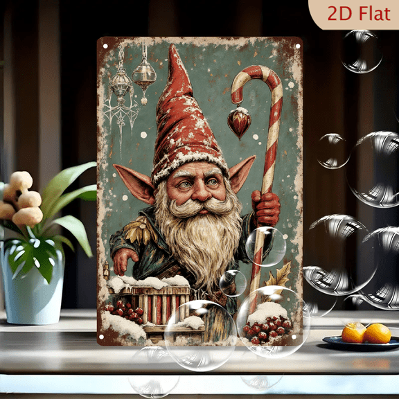 Vintage Christmas Elf with Candy Cane Staff and Peppermint Crate, 8x12 Inch Distressed Tin Sign Wall Art, Rustic Holiday Decor with Holly Berries and Snowflakes