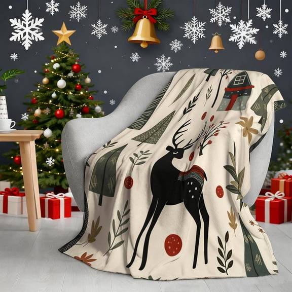Vintage Christmas Elk Blanket Christmas Tree Flannel Blanket Plush Warm Xmas Winter Decor for Gift Sofa Couch Bed 60x50