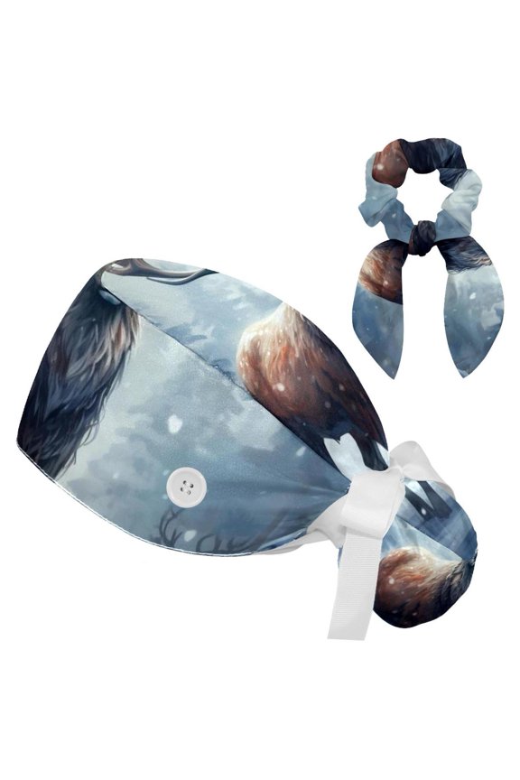 Vintage Christmas Elk Working Cap with Bow Hair Matching Scrunchy & Sweatband Adjustable Unisex Tie Back Hat Nurse Surgical Cap for Woman Men