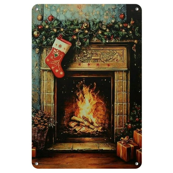Vintage Christmas Fireplace Scene Metal Wall Art, 8x12" - Antique Iron Sign for Home, Bar, Cafe &amp; Garage Decor
