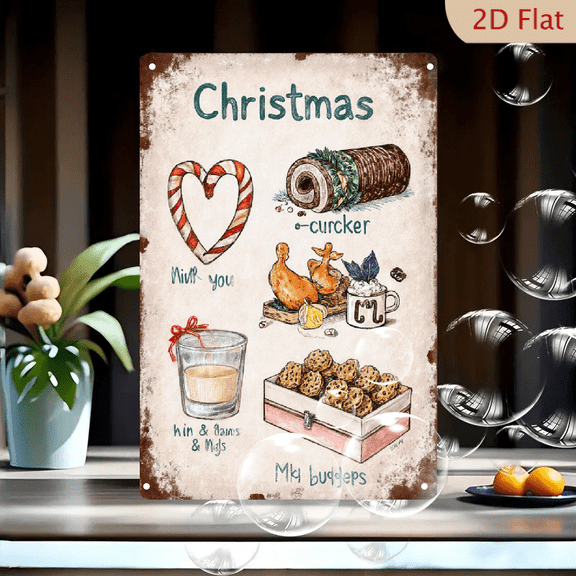 Vintage Christmas Food Wall Art, 8x12 Inches Metal Tin Sign, Retro Holiday Illustration with Candy Cane Heart, Yule Log, Roasted Chicken, Eggnog, Beer & Cookies, Humorous Puns for Kitchen or Dining R