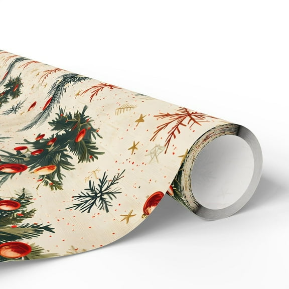 Vintage Christmas Gift Wrapping Paper, Winter Festive Decorative Packaging, Festive Christmas Tree Giftwrap for Holidays, Xmas, Nostalgic Christmas Presents