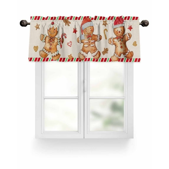 Vintage Christmas Gingerbread Man Kitchen Valances for Windows Red Green Stripes Valance Curtains for Kitchen /Living Room/Bedroom/ Bathroom Decor, 42"x12 " ,Rod Pocket 1 Panel, Beige