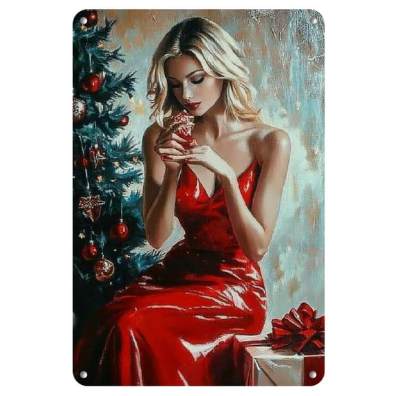 Vintage Christmas Girl Metal Tin Sign - Rustic Wall Decor with Festive Red Dress and Holiday Gifts Scene, Ideal for Home & Seasonal Celebrations, Christmas Home Decor