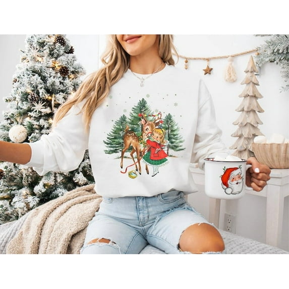 Vintage Christmas Girl and Reindeer Shirt, Retro Christmas Shirt, Retro 1950's Christmas Sweater, Christmas Tree Sweatshirt, Christmas Party
