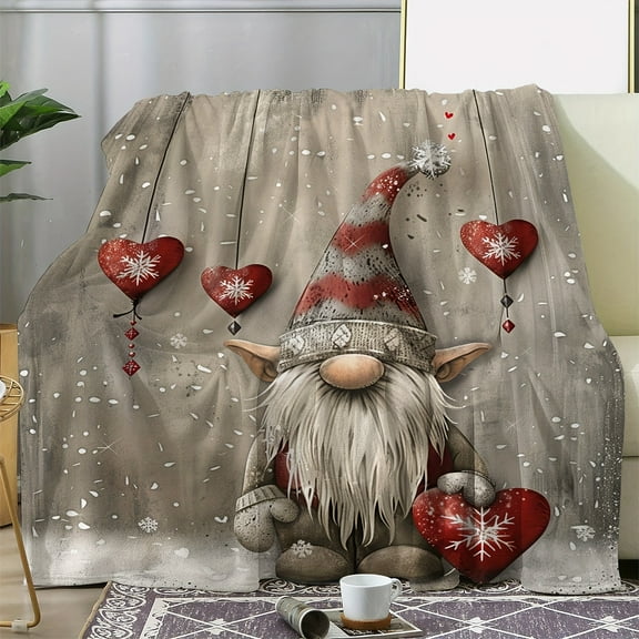 Vintage Christmas Gnome Red Heart Snowflake Print Throw Blanket - Cozy Soft Flannel Fleece, Multipurpose for Sofa Bed Office Travel Camping, All-Season Gifting Blanket, Digital Knit Craftsmanship, 10