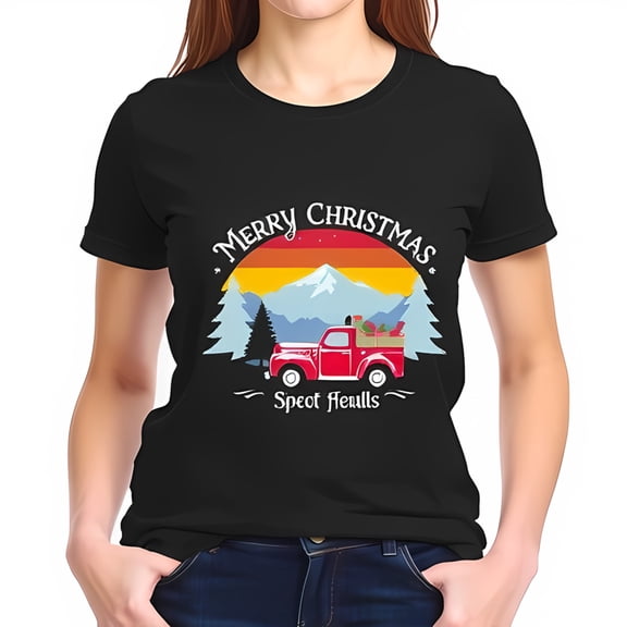 Vintage Christmas Graphic Tee - Red Pickup Truck with Presents Scenic Winter Landscape " Merry Christmas " Design Cotton Short Sleeve T-Shirt